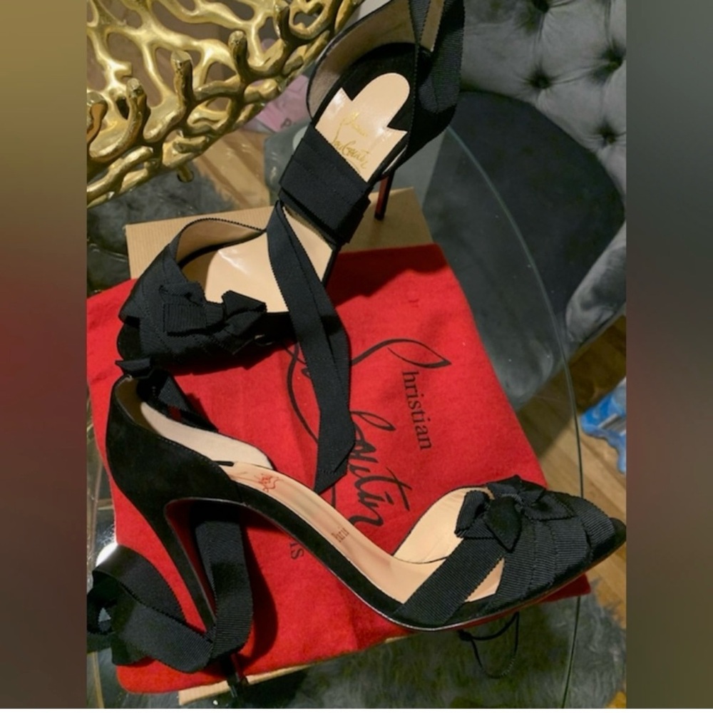 Christian Louboutin Black Peep-Toe ribbon-strapped Heels - Picture 9 of 13